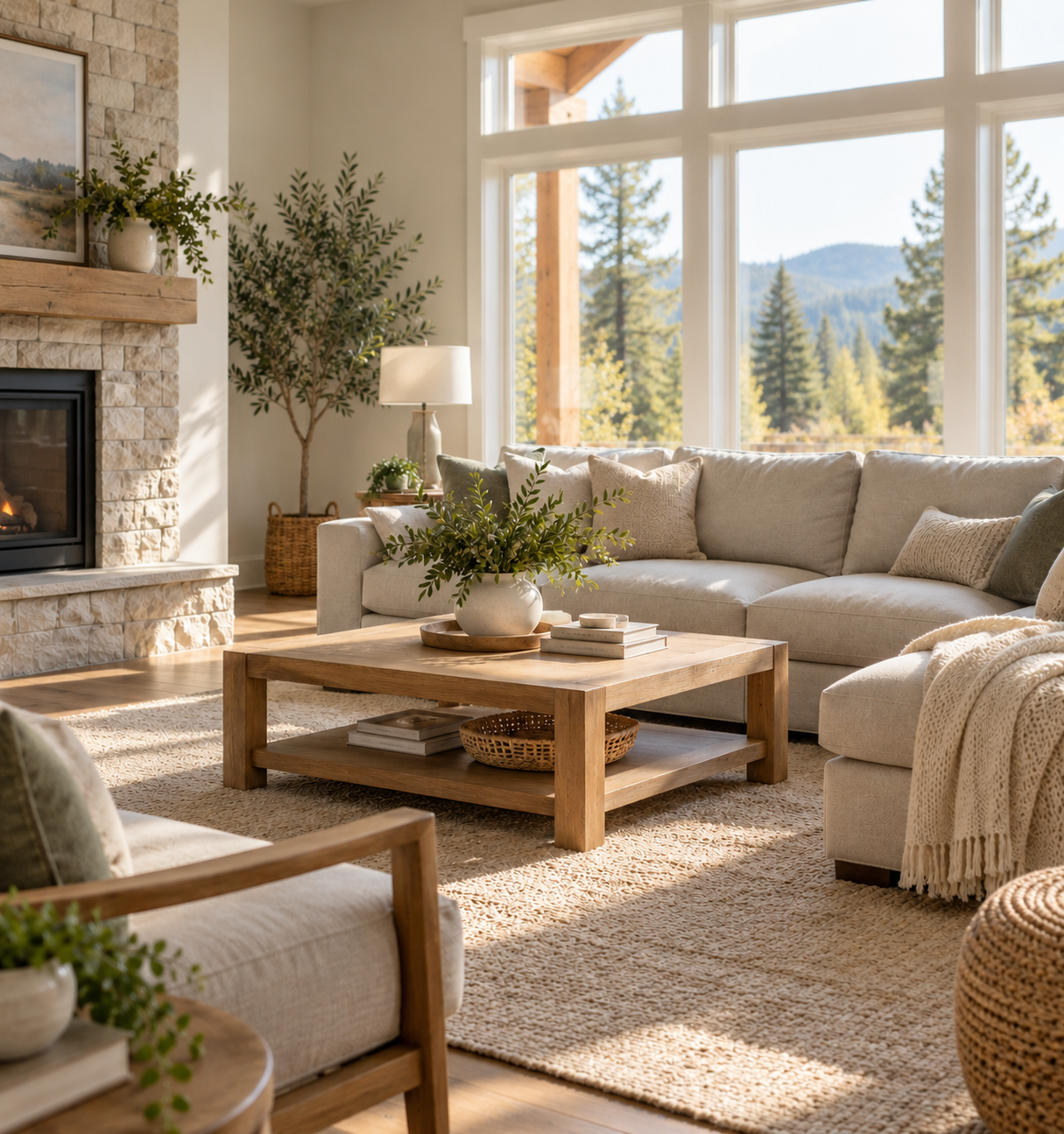 An illustrative cream living room with natural daylight, linen seating, an oak table, and a stone fireplace