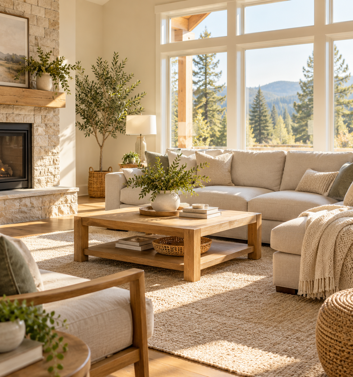 An illustrative sunlit living room with soft neutral furnishings and a freshly tidied feel